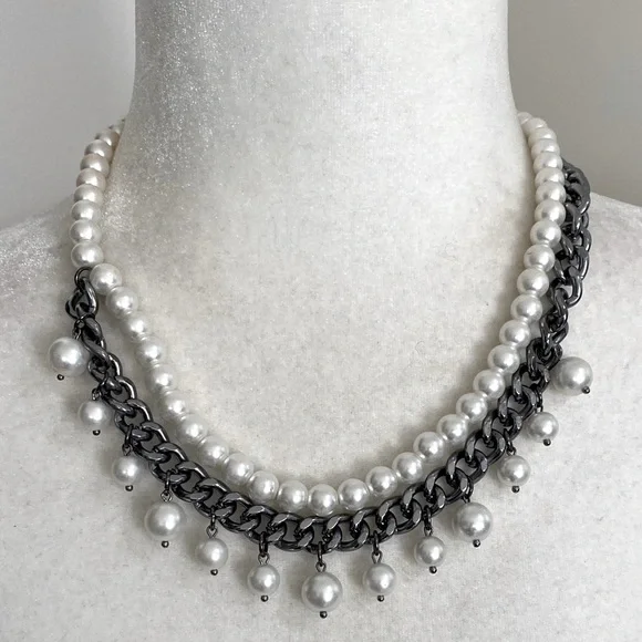 Edgy Pearl and Gunmetal Chain Fringe Sophisticated Bohemian Necklace